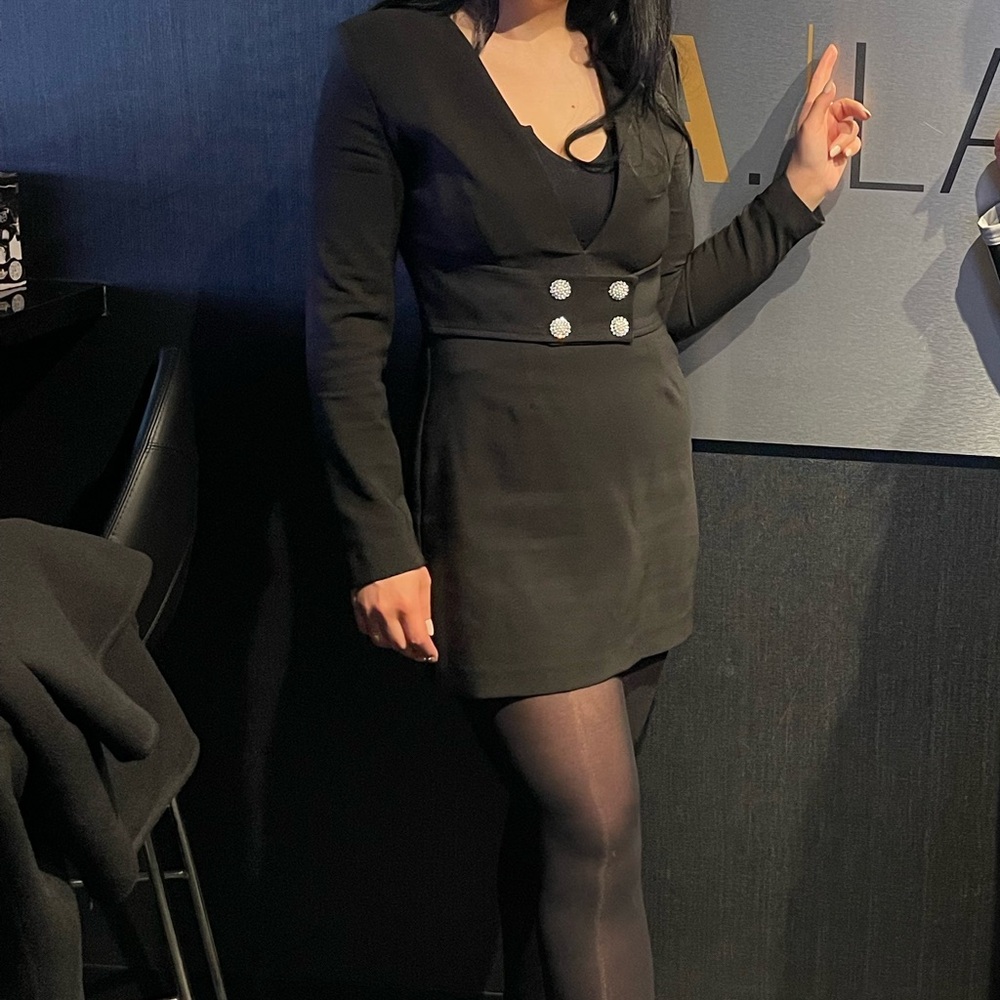 Black Long-Sleeve Blazer Dress with Button Detail - Women Jackets & Coats